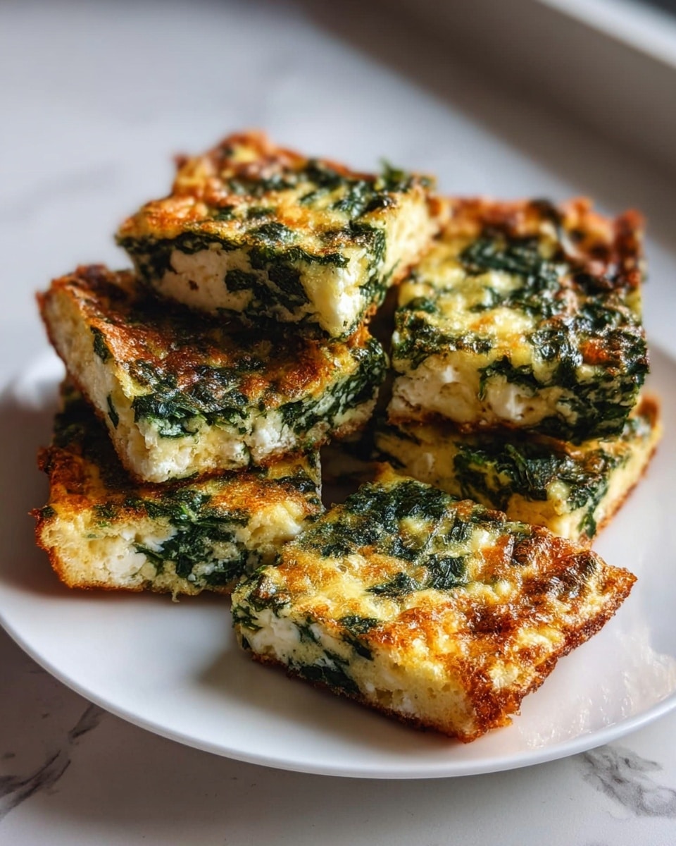 A white square plate holds six pieces of baked spinach and cheese squares, each about one layer thick. The top layer is golden brown and slightly crispy with darker brown spots, showing melted cheese mixed with dark green spinach throughout. The texture looks soft and moist inside, with the spinach evenly spread in the creamy cheese base. The plate is on a white marbled surface with soft light coming from the back. photo taken with an iphone --ar 4:5 --v 7