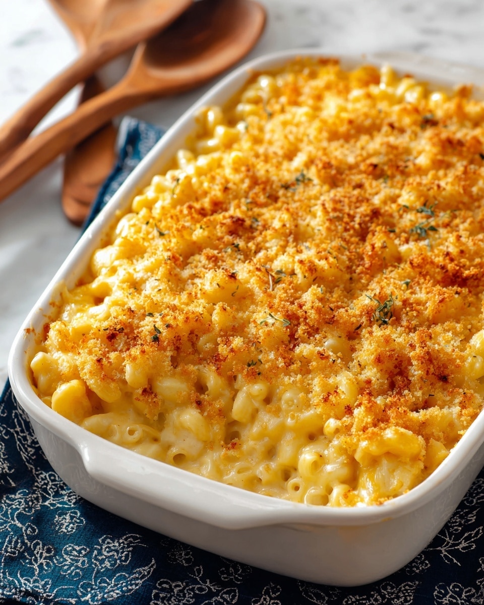 A close-up of a white casserole dish filled with mac and cheese is shown. The dish has two visible layers: the bottom layer is creamy, pale-yellow macaroni pasta coated in a smooth cheese sauce, and the top layer is golden brown melted cheese with a crunchy, toasted breadcrumb crust sprinkled evenly on top. The edges of the dish show some slightly browned cheese baked onto the sides. It sits on a dark blue patterned cloth placed on a white marbled surface, with wooden spoons in the background. Photo taken with an iphone --ar 4:5 --v 7