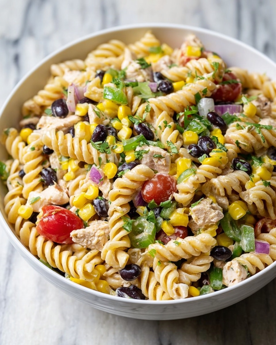 A large white bowl filled with a colorful pasta salad made of three layers; the base layer has creamy rotini pasta spirals that are light yellow, followed by a middle layer with chopped green bell peppers, black beans, yellow corn kernels, and chopped chicken pieces that are white with a light brown exterior, mixed with halved bright red cherry tomatoes and small pieces of red onion; on top, there is a mound of finely chopped fresh green herbs placed in the center, all set on a white marbled surface. photo taken with an iphone --ar 4:5 --v 7
