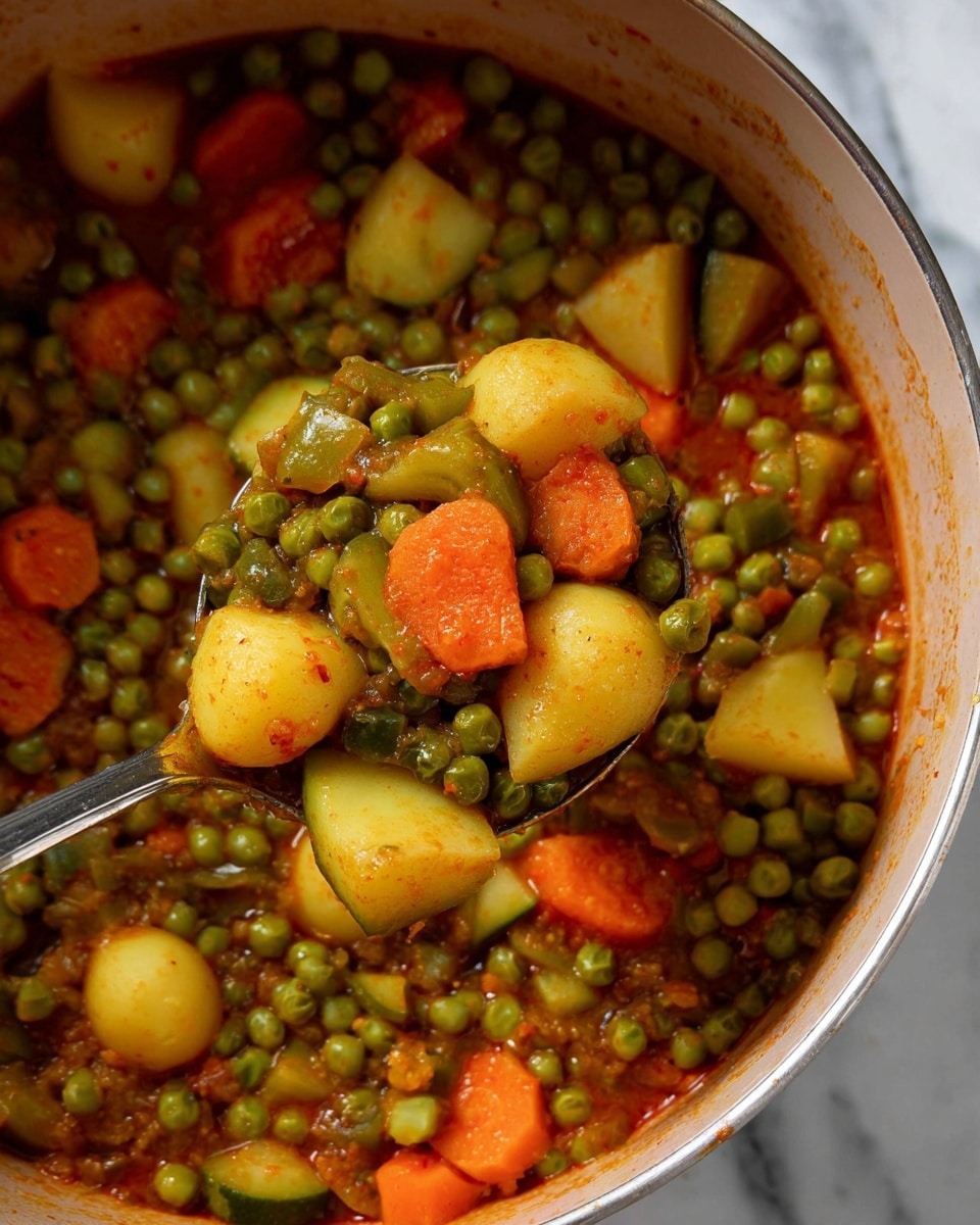 A white plate holds a colorful mix of cooked green peas, small chunks of pale yellow potatoes with some red tomato sauce on them, and a few pieces of light orange carrots. There is a small wedge of white cheese resting on the side of the plate. A silver fork is on the plate, with its prongs piercing a piece of green vegetable. The plate sits on a white marbled surface, and in the background, there are slices of bread visible. Photo taken with an iphone --ar 4:5 --v 7