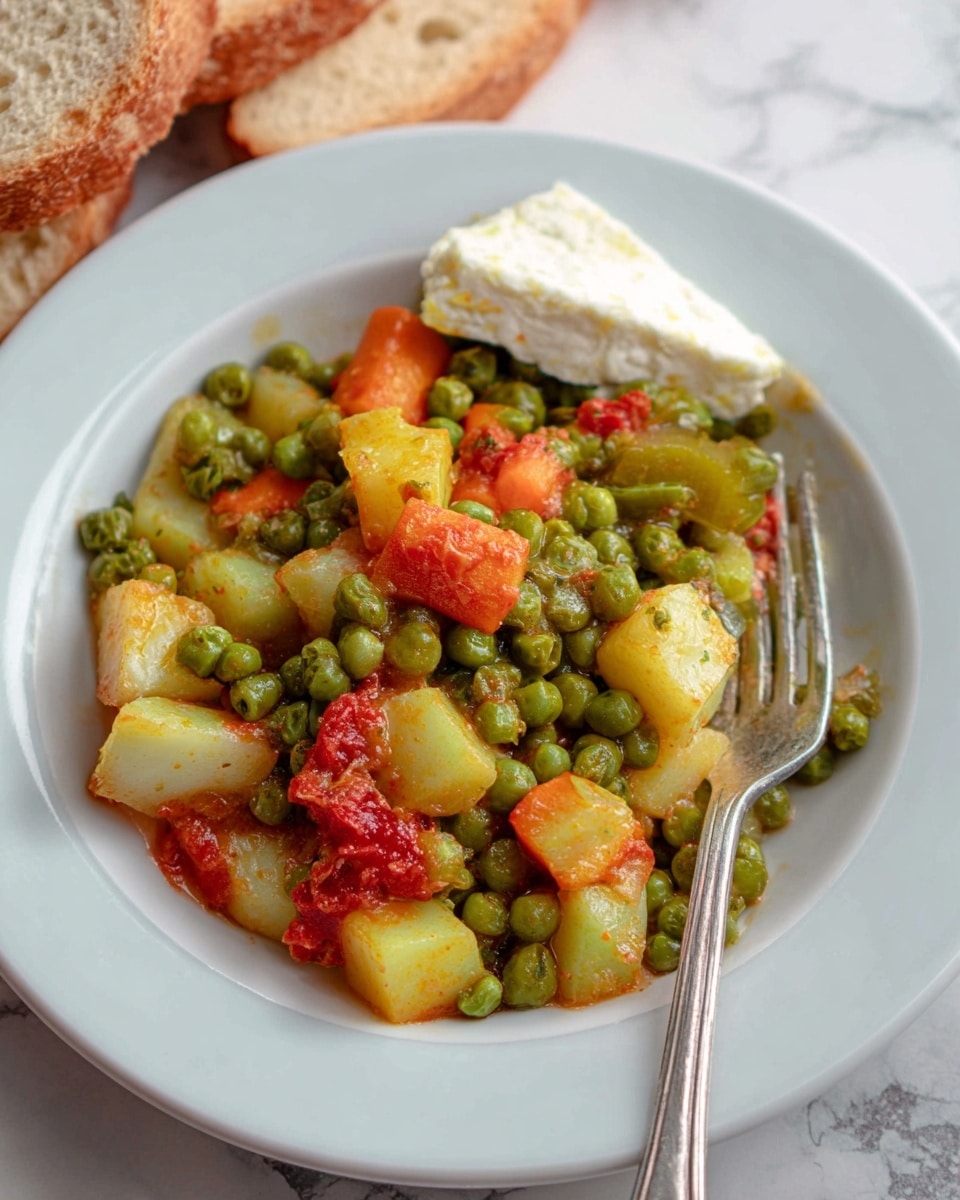 The image shows a close-up inside a pot filled with a cooked vegetable stew. The dish has three main layers: small round green peas scattered throughout, large chunks of light yellow potatoes positioned among the peas, and bright orange carrot slices mixed evenly. Pieces of green zucchini with a different texture and shape are spread around the pot. The vegetables are coated in a reddish-orange sauce with visible small bits of herbs and tomato. A metal spoon is lifting one yellow potato chunk above the peas. The pot has a light interior, and the background is a white marbled texture. photo taken with an iphone --ar 4:5 --v 7