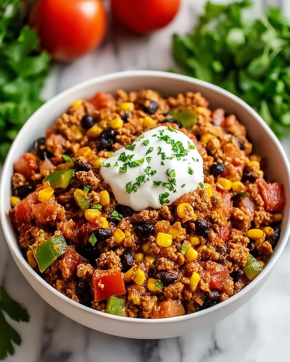 A white bowl filled with a colorful mix of cooked ground meat, black beans, yellow corn, diced red tomatoes, and green bell pepper pieces, all evenly mixed together. On top, there is a dollop of white sour cream garnished with small chopped green herbs. The dish has a rich texture with visible chunks of ingredients, and the bowl is placed on a white marbled surface with blurry fresh tomatoes and green herbs in the background. photo taken with an iphone --ar 4:5 --v 7