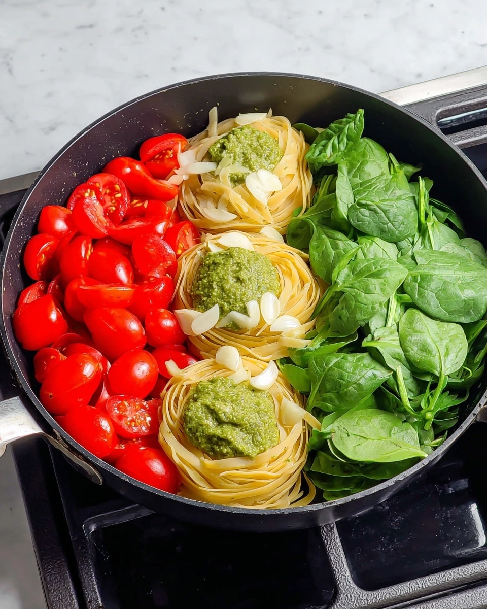 A black pan sits on a stove with three main layers of fresh ingredients neatly arranged inside. On the left side, there is a large pile of bright red, halved cherry tomatoes with thin slices of white garlic scattered on top. In the middle, there are four nests of uncooked light yellow tagliatelle pasta, each topped with a generous dollop of thick green pesto sauce and a few more thin slices of garlic. On the right side, a generous bunch of fresh green spinach and basil leaves fill the space, adding a vibrant leafy texture. The pan is on a clean white marbled surface, and a woman's hand can be seen near the bottom edge. photo taken with an iphone --ar 4:5 --v 7