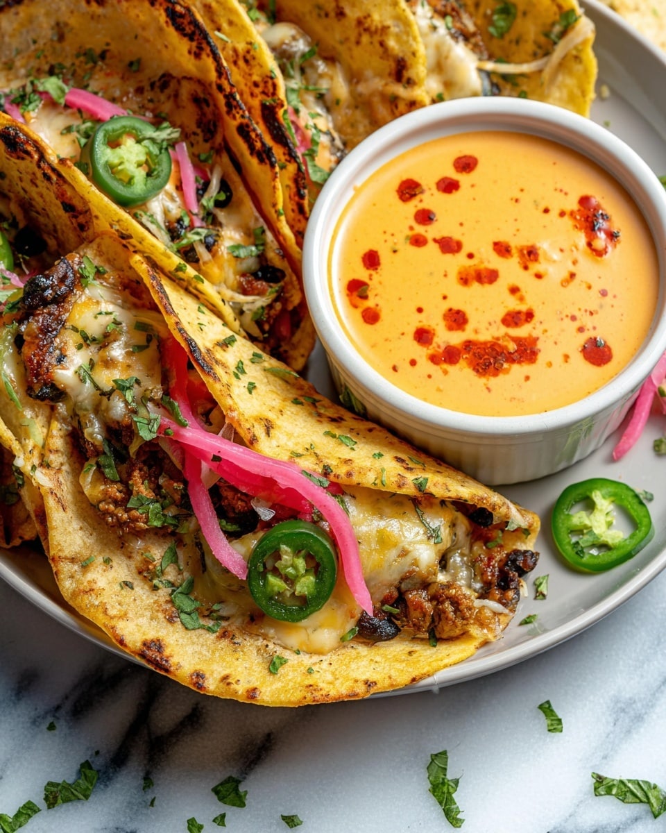 Six tacos are arranged on a white rectangular tray, each with two soft, lightly browned tortillas folded over a filling. The filling includes melted cheese, browned meat, and sliced green jalapeños, topped with bright pink pickled onions and chopped fresh green cilantro. On the tray, there is a small white bowl filled with more pink pickled onions, and nearby on the white marbled surface, a white bowl with a creamy orange sauce with red seasoning swirls and a spoon, and another white bowl holding sliced green jalapeños. Fresh cilantro sprigs are scattered around the scene. Photo taken with an iphone --ar 4:5 --v 7