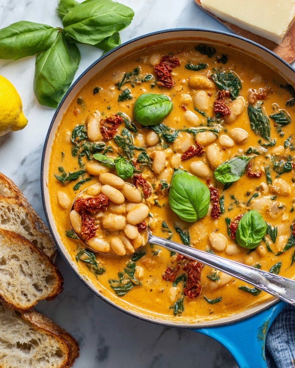 A blue pan filled with a warm dish of large white beans in a thick orange tomato sauce, mixed with bright green wilted spinach leaves and small pieces of dried red tomatoes scattered on top and within the sauce, with a wooden spoon resting in the pan stirring the contents. The pan sits on a black stovetop on a white marbled surface, with a few fresh green basil leaves spread nearby on the left, and a red cloth with a spice jar on the right edge of the image. Photo taken with an iphone --ar 4:5 --v 7
