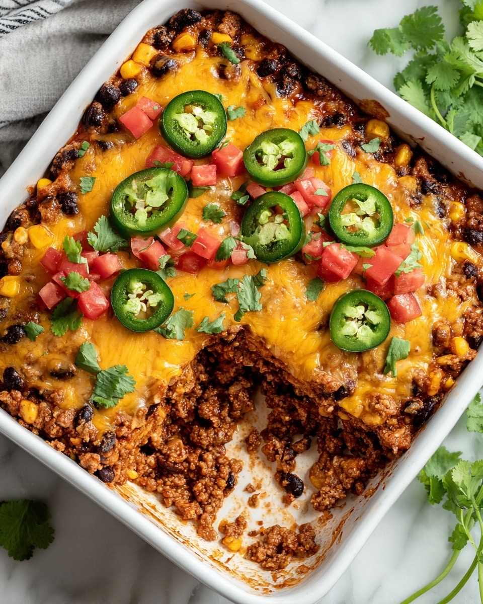 The image shows a white casserole dish filled with a layered Tex-Mex casserole. The bottom layers consist of a mix of cooked ground beef, black beans, and yellow corn kernels, creating a rich, brown and yellow base with some black spots. On top, melted golden-yellow cheddar cheese covers most of the surface. Scattered over the cheese are bright green sliced jalapeños, small red tomato chunks, and fresh green cilantro leaves. A white marbled surface is visible under the dish, and some more cilantro sits to the side. A gray and white striped cloth is slightly visible near the edge. photo taken with an iphone --ar 4:5 --v 7