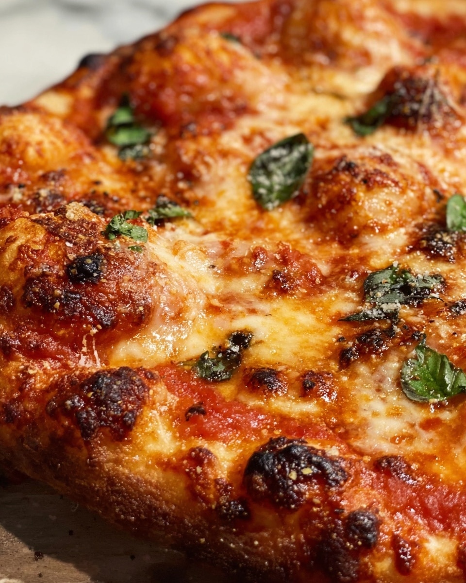 The image shows a rectangular pizza with a thick and puffy golden brown crust. The pizza has one main layer of melted mozzarella cheese that is bubbly and slightly browned on top, covering a rich red tomato sauce base. Scattered across the pizza are fresh green basil leaves, adding vibrant color contrast. The surface of the pizza has a textured and uneven look due to the melted cheese pockets and slightly charred spots. The pizza rests on a cooling rack set on a white marbled texture. Photo taken with an iphone --ar 4:5 --v 7