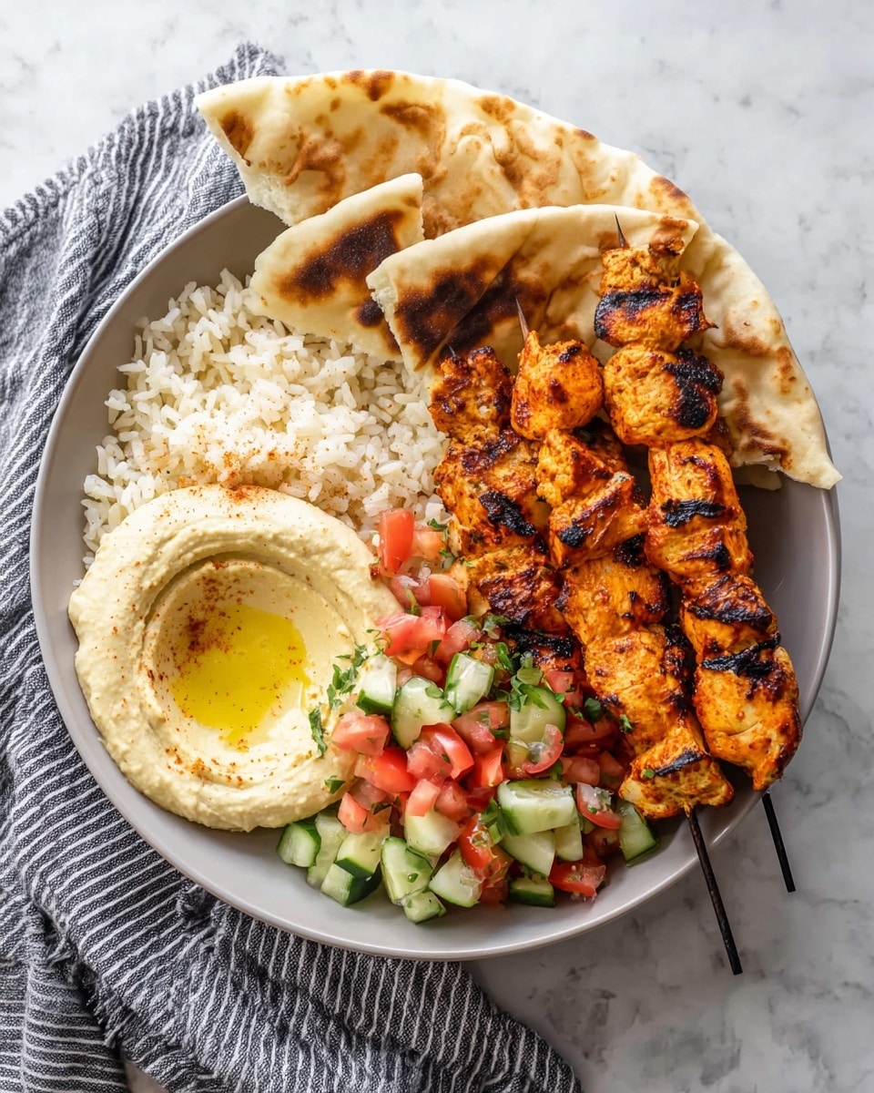 A white bowl on a white marbled surface holds a meal with four main sections: at the top are four pieces of grilled pita bread with brown char marks, placed leaning against the bowl's edge; on the right side is a colorful salad made of diced red tomatoes, green cucumbers, and fresh herbs; across the salad lies a skewer with grilled orange-brown chicken chunks, showing dark grill marks; below the pita is a creamy scoop of beige hummus drizzled with a bit of golden olive oil; and at the bottom left is a mound of fluffy light brown rice. A striped cloth is partially under the bowl. photo taken with an iphone --ar 4:5 --v 7