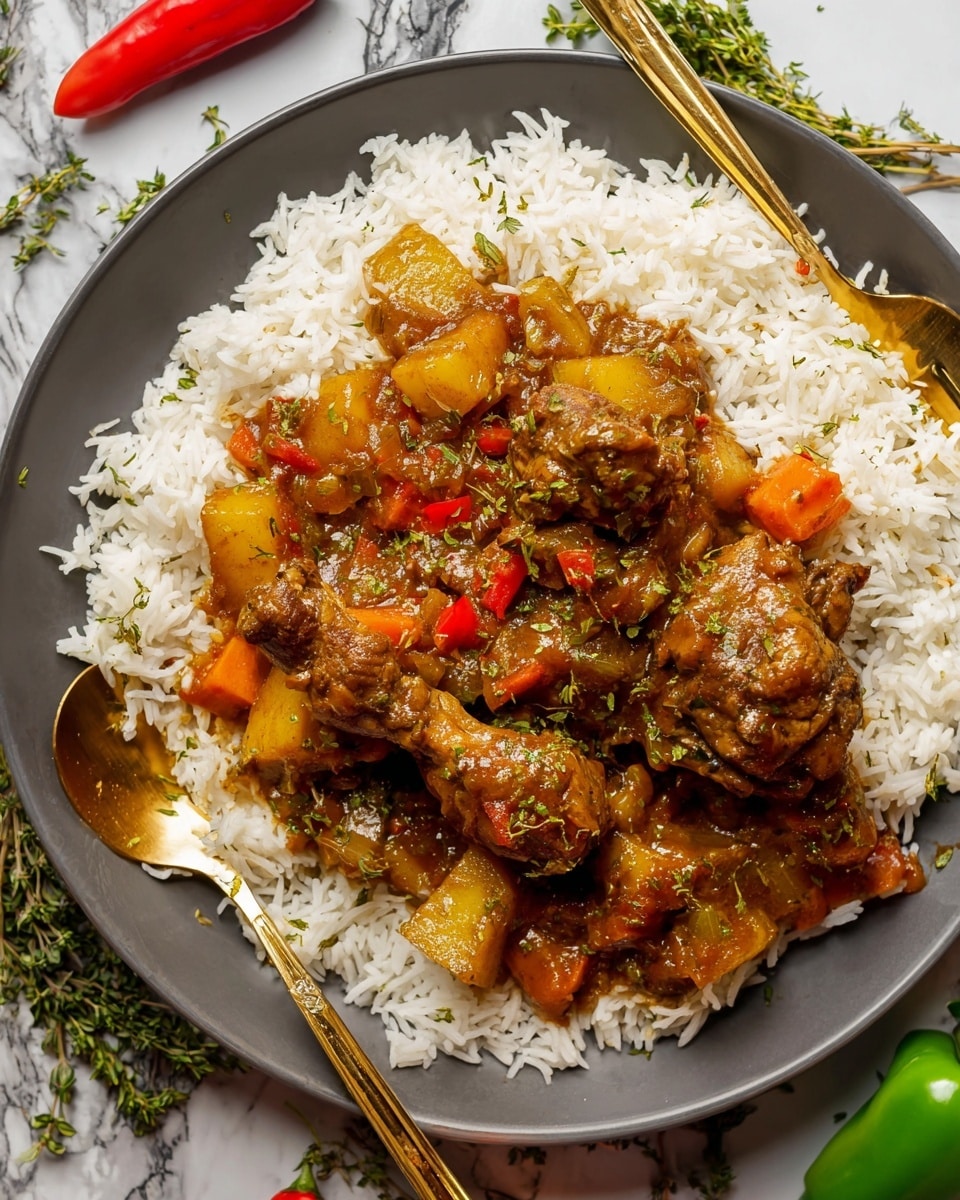 A white plate filled with two main layers: the bottom layer is fluffy white rice, soft and loose in texture, spread evenly across the plate. On top is a thick stew with chunks of brown chicken drumsticks and thighs coated in a rich, glossy brown sauce, mixed with pieces of orange carrots and yellow potatoes, and small bits of red and green peppers. The sauce looks hearty and speckled with herbs and spices, adding texture and depth. Two golden utensils rest on the plate’s edges, one on the left and one on the right. The plate sits on a white marbled surface with scattered green herbs and whole green and red peppers nearby. photo taken with an iphone --ar 4:5 --v 7