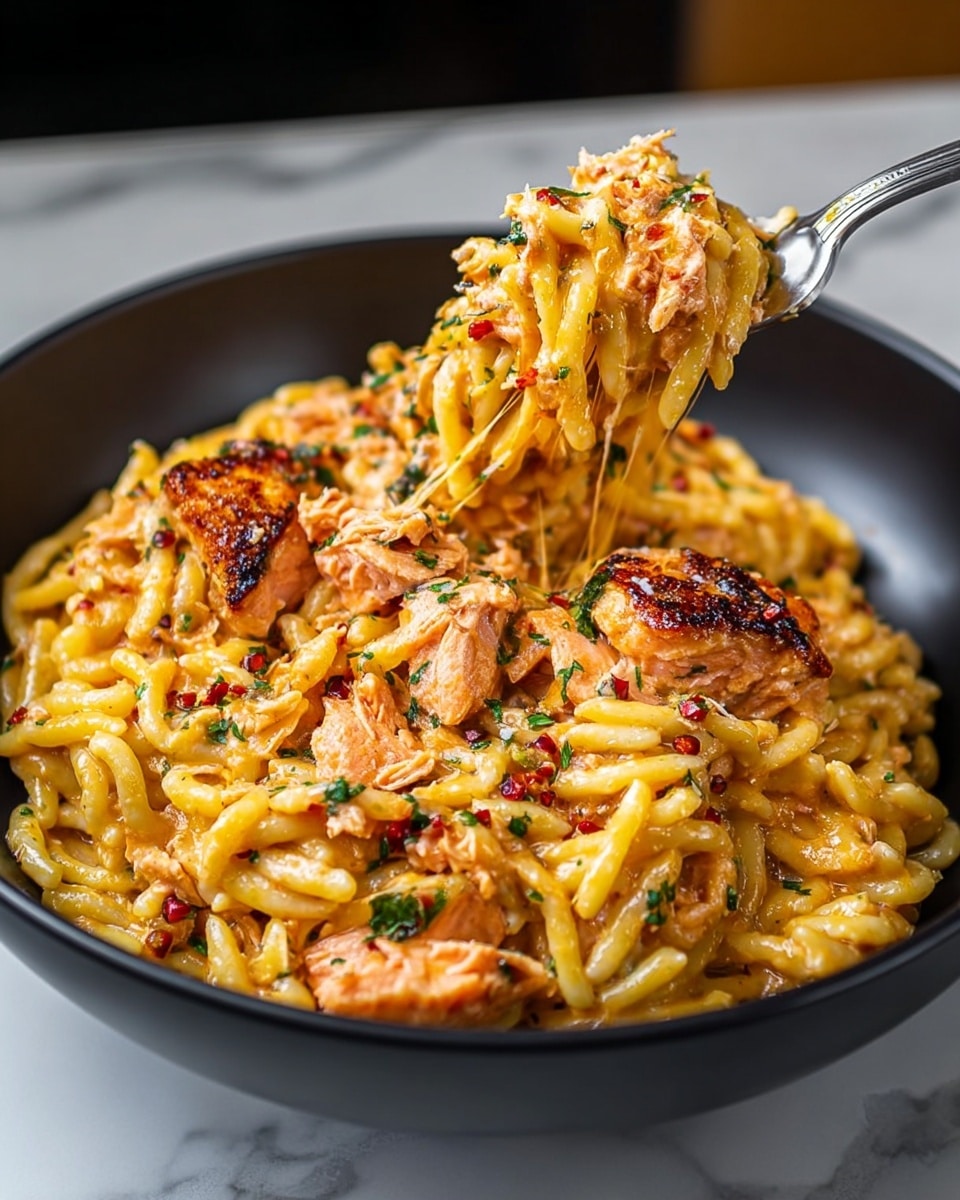 A close-up of a black bowl filled with creamy orange pasta mixed with small pieces of grilled salmon that have a slightly charred texture and a light pinkish-orange color. The pasta looks soft and coated in a rich sauce with specks of green herbs and small red bits spread evenly throughout. A fork on the right side lifts a spoonful of pasta and salmon, showing strands of melted cheese stretching. The bowl sits on a shiny white marbled surface. photo taken with an iphone --ar 4:5 --v 7