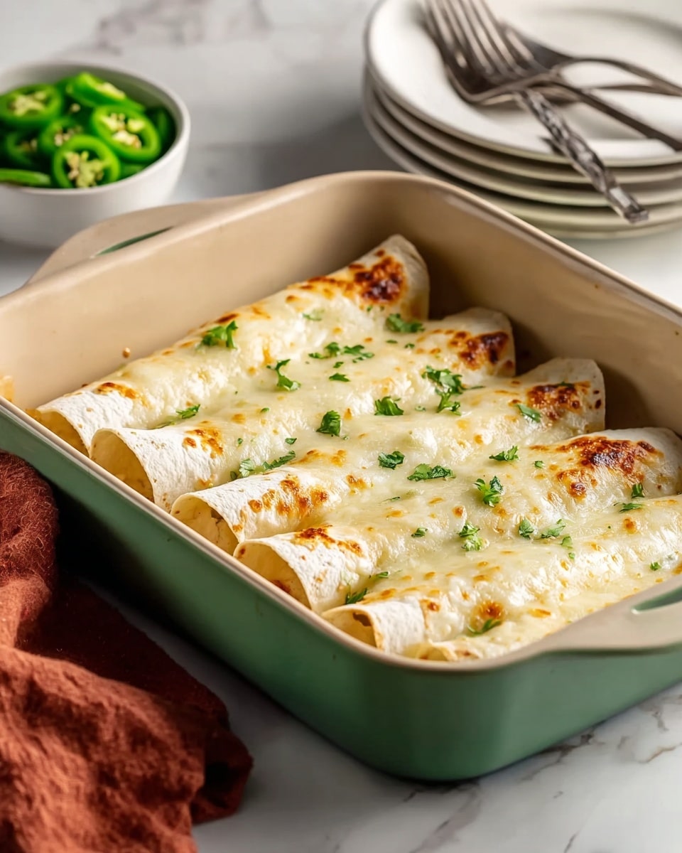 A rolled enchilada-style dish sits on a white plate with a creamy white sauce poured over the top. The outside layer is a light golden tortilla, slightly browned and soft, enclosing a filling of shredded chicken that is a pale beige color with a moist texture visible at the open end. Fresh green cilantro leaves are sprinkled over the sauce, adding small pops of bright color. The plate rests on a rust-colored cloth on a white marbled surface, with a blurred bowl of sliced green jalapeños and a white cup in the background. photo taken with an iphone --ar 4:5 --v 7
