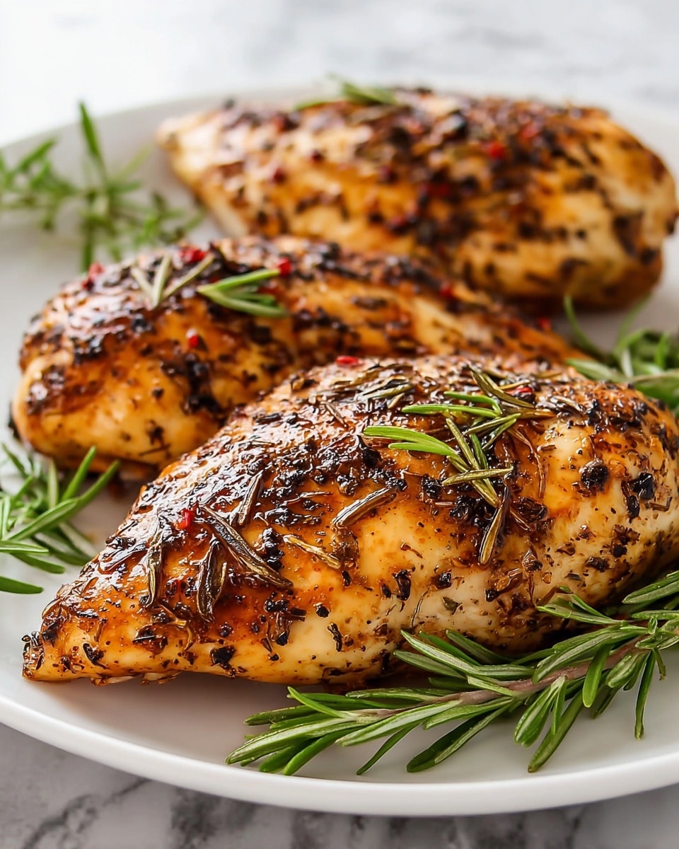 Three golden brown roasted chicken breasts are placed side by side on a white plate, each piece coated with dark brown and black specks of herbs and spices that create a textured crust. The surface of the chicken glistens with a light layer of oil, enhancing their juicy appearance. Scattered green rosemary sprigs lie on top of and around the chicken, adding a fresh touch and making the dish look fragrant. The plate rests on a white marbled surface visible in the blurred background. photo taken with an iphone --ar 4:5 --v 7