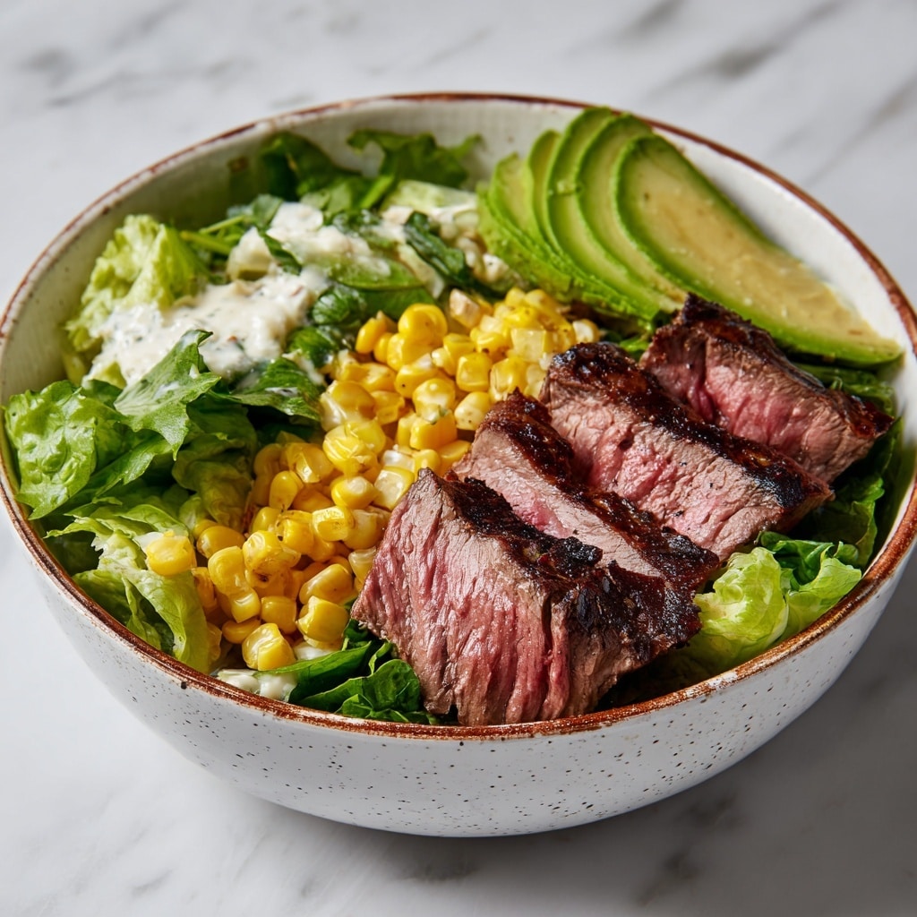 A large white bowl with a brown rim is filled with a colorful salad arranged in layers. The bottom layer is green leafy lettuce, topped with bright yellow corn kernels scattered evenly. On top of the corn, there are several pieces of medium-rare grilled steak strips with a pink center and browned edges placed in the middle. To one side, there are three thick slices of fresh avocado showing a light green color and smooth texture. A wooden spoon is partially mixed into the salad on the right side. The bowl sits on a white marbled surface. photo taken with an iphone --ar 4:5 --v 7