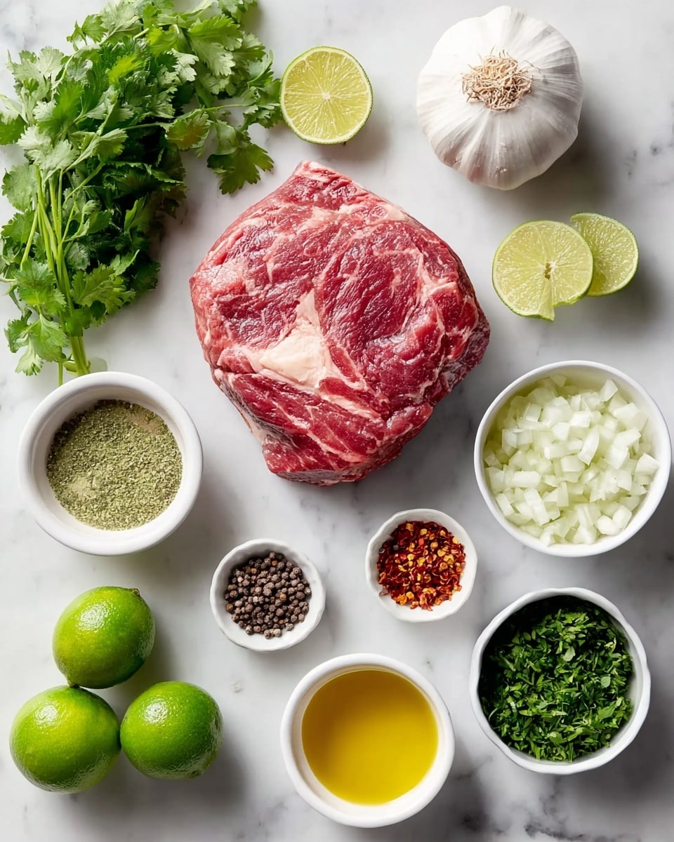A raw piece of marbled red meat with white fat is placed near the center on a white marbled surface. Around it, there are two whole bright green limes on the left and two lime wedges on the right. Above the meat, a bulb of white garlic and a small white bowl with green seasoning and salt are visible. Below the garlic, a white bowl contains small white chopped onions. Near the bottom right corner, a white bowl is filled with finely chopped green herbs. Below the meat, a white bowl holds yellow oil, and to the left are two garlic cloves. Three small white bowls with black pepper, red chili flakes, and other spices are scattered around, with a bunch of fresh green cilantro on the far left. photo taken with an iphone --ar 4:5 --v 7
