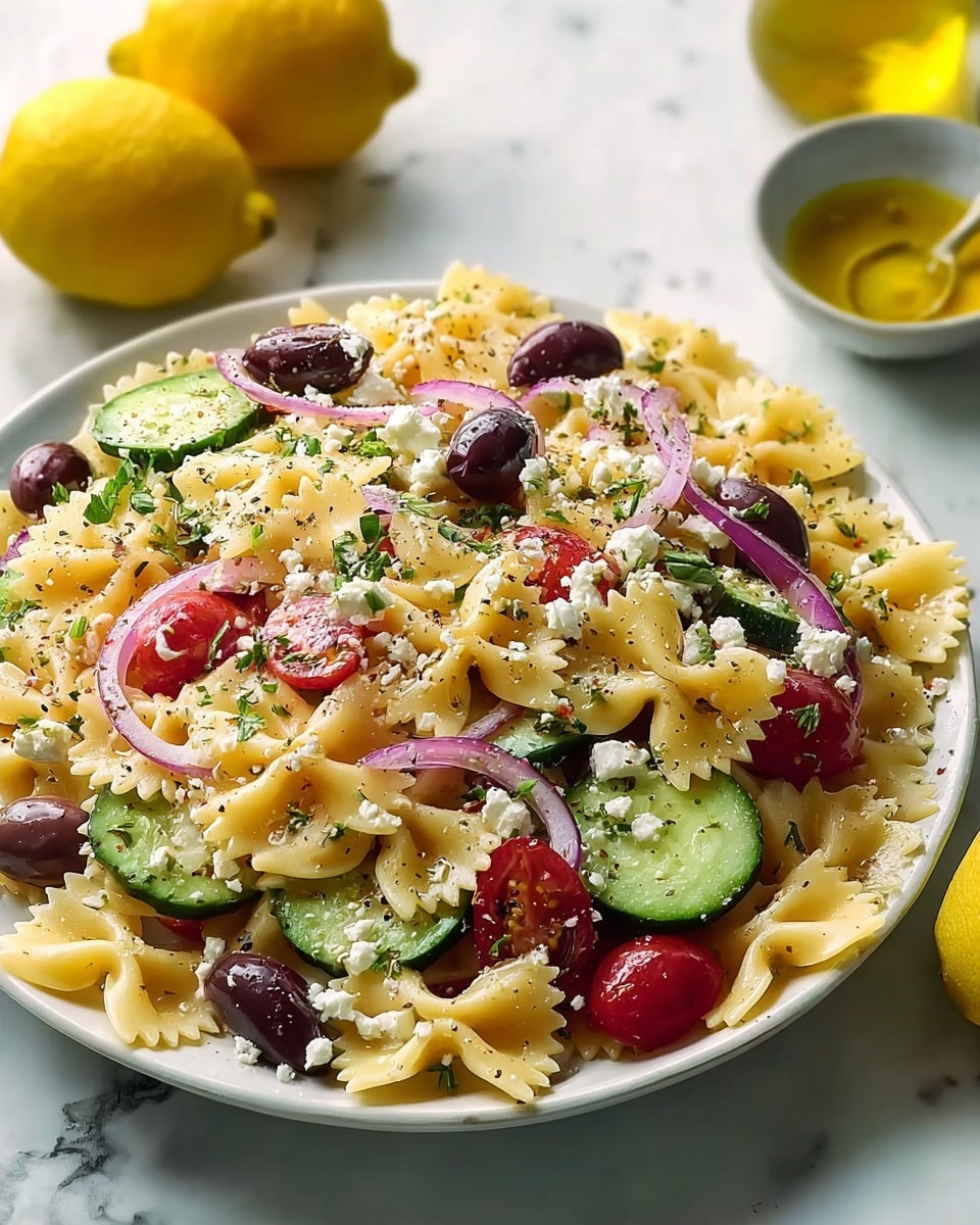 A mound of farfalle pasta salad sits on a white plate, layered with light yellow bow-tie pasta mixed with bright green cucumber slices, deep purple Kalamata olives, halved red cherry tomatoes, and thin rings of purple-red onion. Crumbled white feta cheese is scattered on top, along with a sprinkle of black pepper and herbs. The plate rests on a white marbled surface with two whole yellow lemons and a small bowl of golden olive oil softly blurred in the background. photo taken with an iphone --ar 4:5 --v 7
