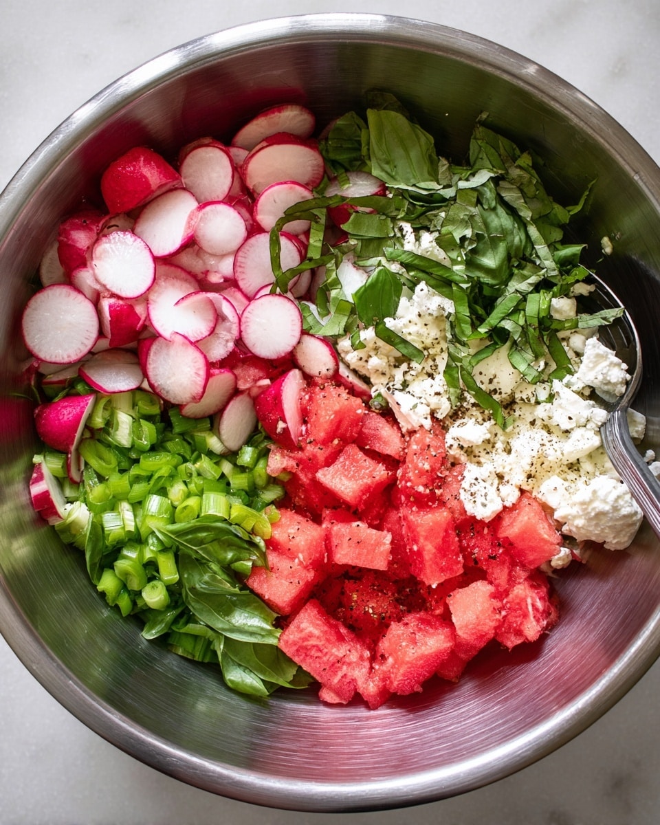 A metal bowl with a salad that has five main layers: thin round slices of pink radishes with red edges on the left, bright green chopped scallions next to the radishes, in the middle there are red cubes of watermelon, to the right bright green fresh basil leaves, and on the far right white crumbled cheese sprinkled with black pepper. A large metal spoon is placed inside the bowl on the left side. The image is on a white marbled surface. photo taken with an iphone --ar 4:5 --v 7