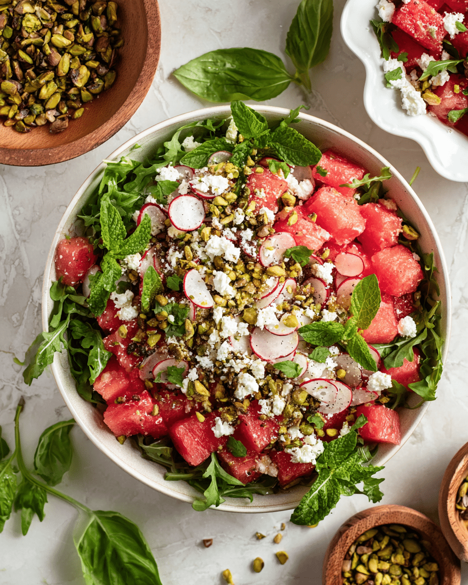 A close-up top view of a vibrant watermelon salad served in a round white bowl, featuring three main visible layers: a bed of green leafy arugula at the bottom with fresh mint leaves scattered throughout, a middle layer of pink watermelon cubes mixed with thinly sliced radishes showing white and pink colors and green herbs, and a top layer with crumbled white feta cheese and chopped light and dark green pistachios sprinkled evenly, adding texture and color. The bowl sits on a white marbled surface with fresh green basil leaves and mint sprigs placed around for decoration. In the upper right corner, a white scalloped bowl with more watermelon salad is partially visible, and in the lower right, two small wooden bowls contain chopped pistachios and more salad ingredients. Photo taken with an iphone --ar 4:5 --v 7