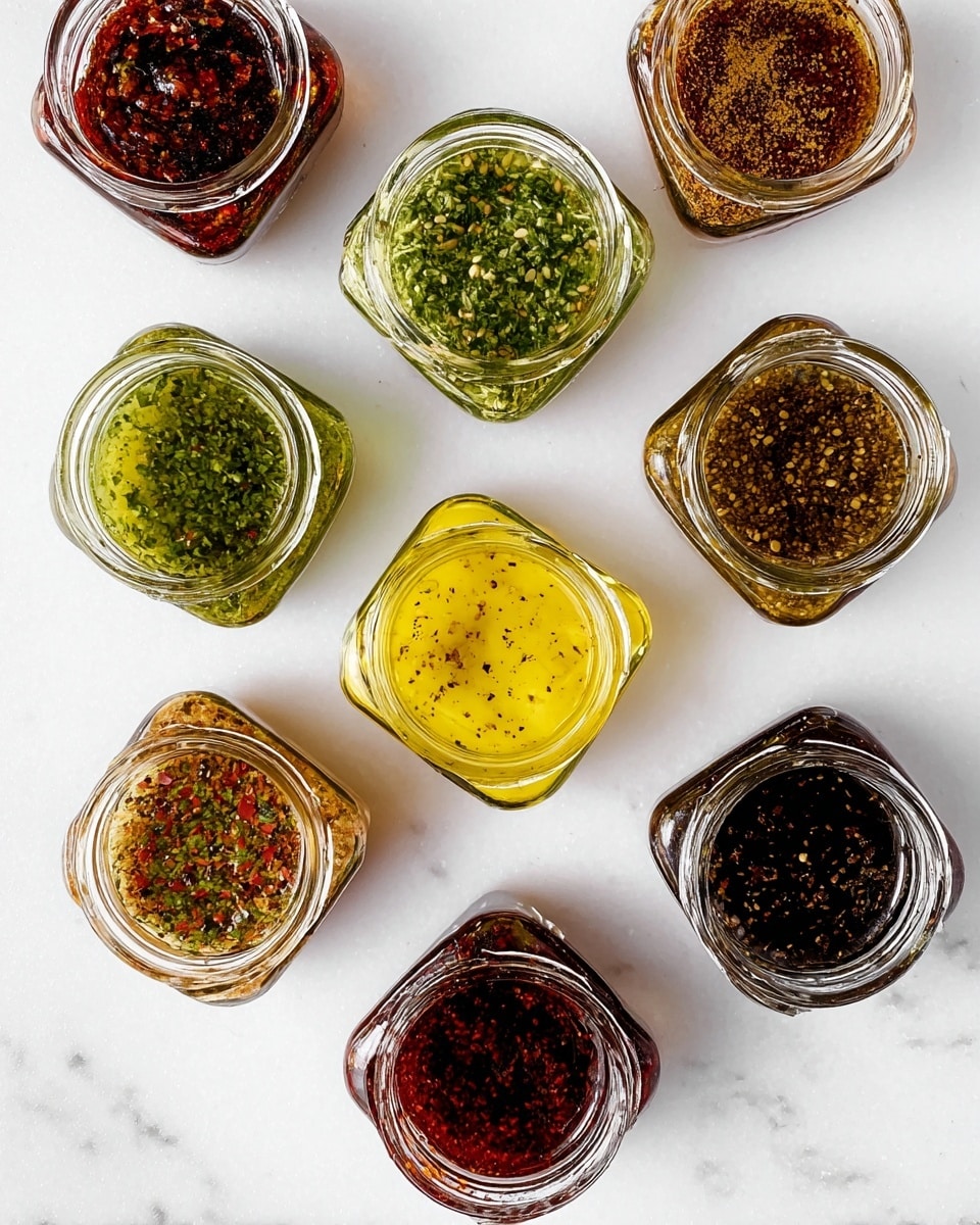 A top view of ten clear plastic bags arranged neatly in two columns and five rows on a white marbled surface, each containing different marinated meats and sauces. The top left bag has a bright yellow sauce, the top right shows dark brown marinated meat. The second row left bag holds reddish-orange marinated chicken, the right one has meat covered in green herbs and white sauce. The third row left bag contains meat with green and yellowish herbs, while the right bag has pale marinated meat in an orange sauce. The fourth row left is filled with dark reddish-brown meat, the right shows nicely marinated pieces in a light brown sauce. The bottom left bag has green herb-covered pieces, and the last right bag contains rich reddish-orange marinated meat. All bags show the vibrant colors and textures of their sauces through the clear plastic. photo taken with an iphone --ar 4:5 --v 7