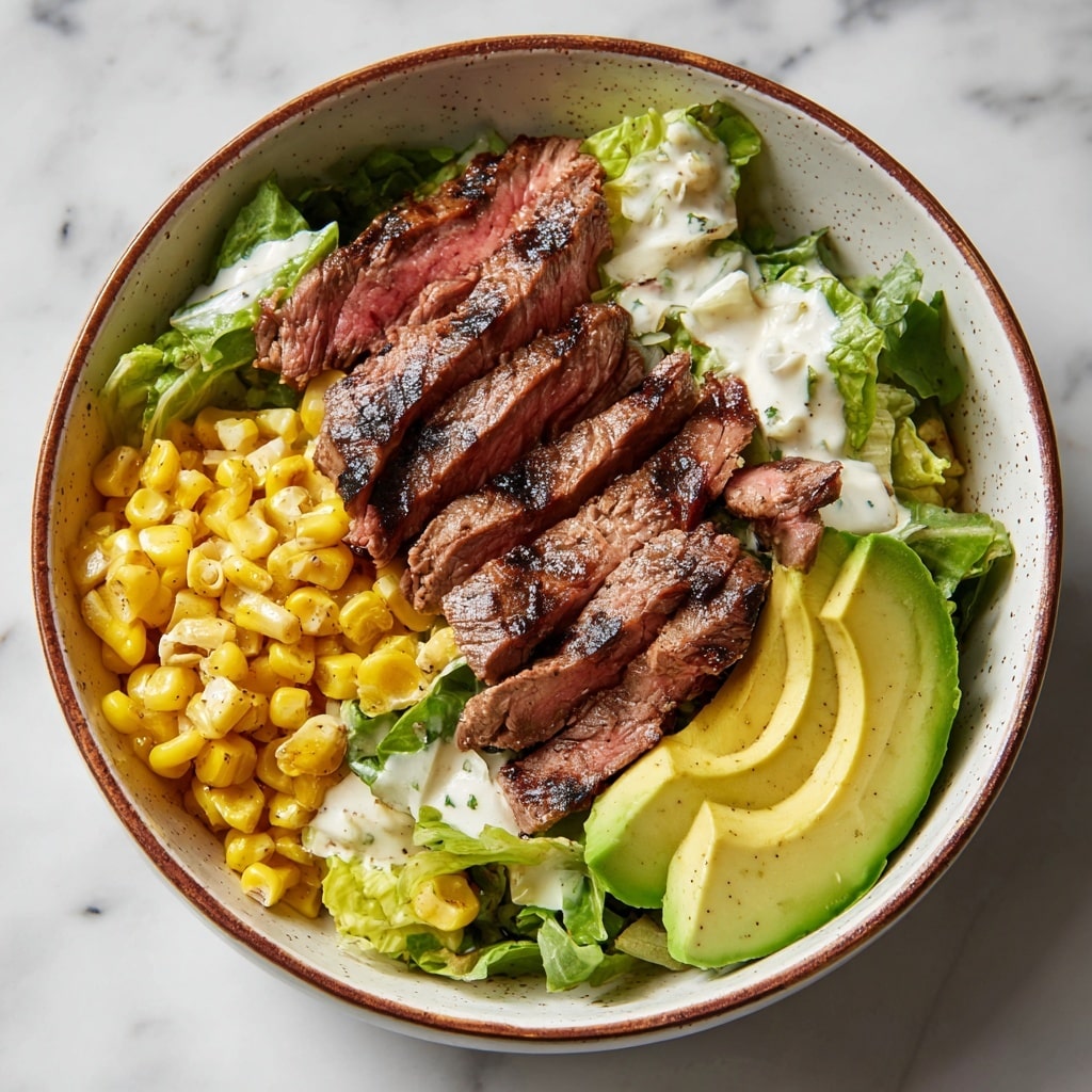 A bowl holds a fresh salad with three main layers: a base of green leafy lettuce mixed with some creamy white dressing, a section of bright yellow corn kernels on one side, and scattered pieces of medium-rare grilled steak with a pink center and browned edges. On top near the edge, there are thick slices of green avocado. The bowl is white with a speckled pattern and a brown rim, and it sits on a white marbled surface. photo taken with an iphone --ar 4:5 --v 7