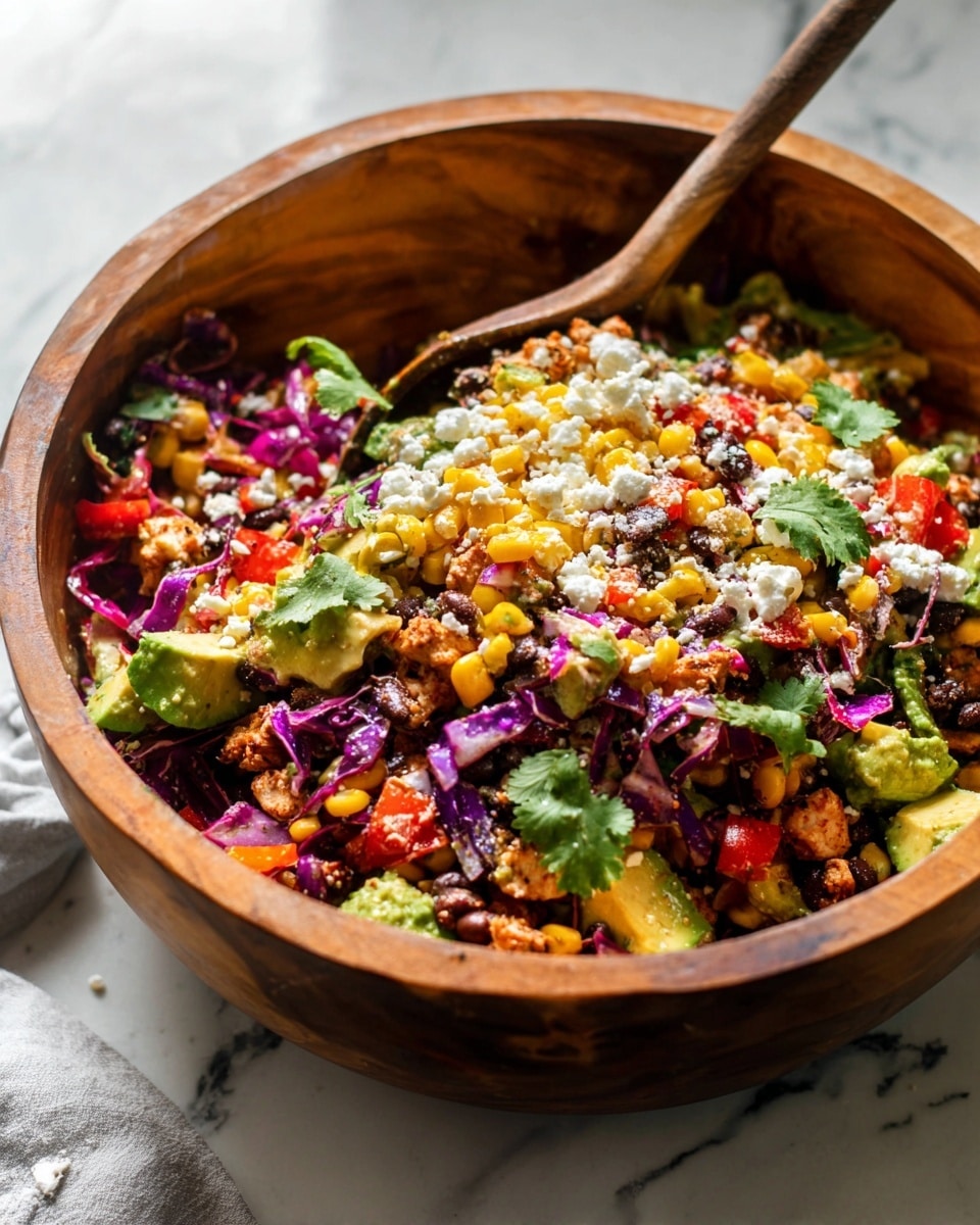 A wooden bowl filled with a colorful layered salad, including bright yellow corn, deep black beans, vibrant red bell peppers, purple shredded cabbage, and chunks of green avocado. Pieces of seasoned, browned chicken are mixed in along with fresh green cilantro leaves scattered on top. White crumbly cheese is sprinkled over the salad, adding a light contrast to the rich colors. The bowl rests on a white marbled surface with a wooden spoon partially inside. Photo taken with an iphone --ar 4:5 --v 7